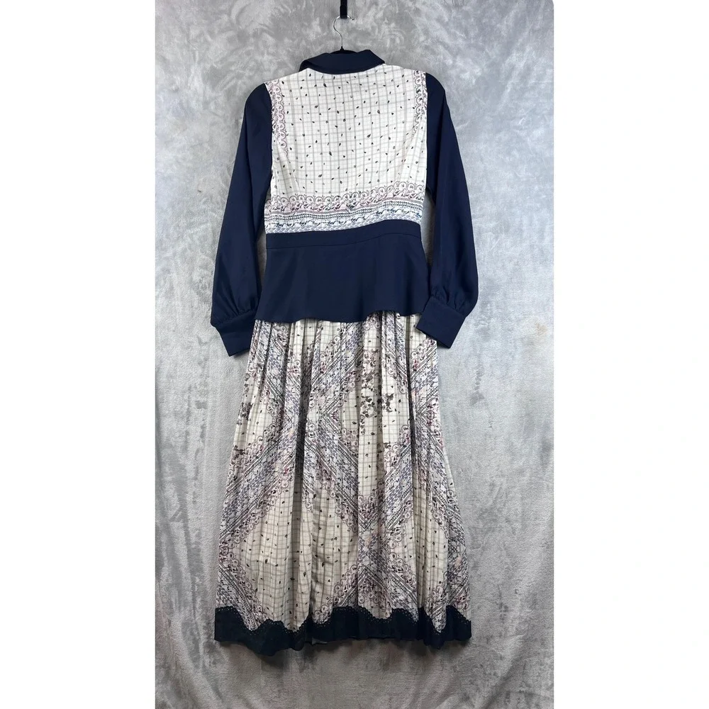 NNA ENJOY Maxi Dress Small Boho Modest Navy Mixed Print Asymmetrical Peplum - Picture 8 of 11